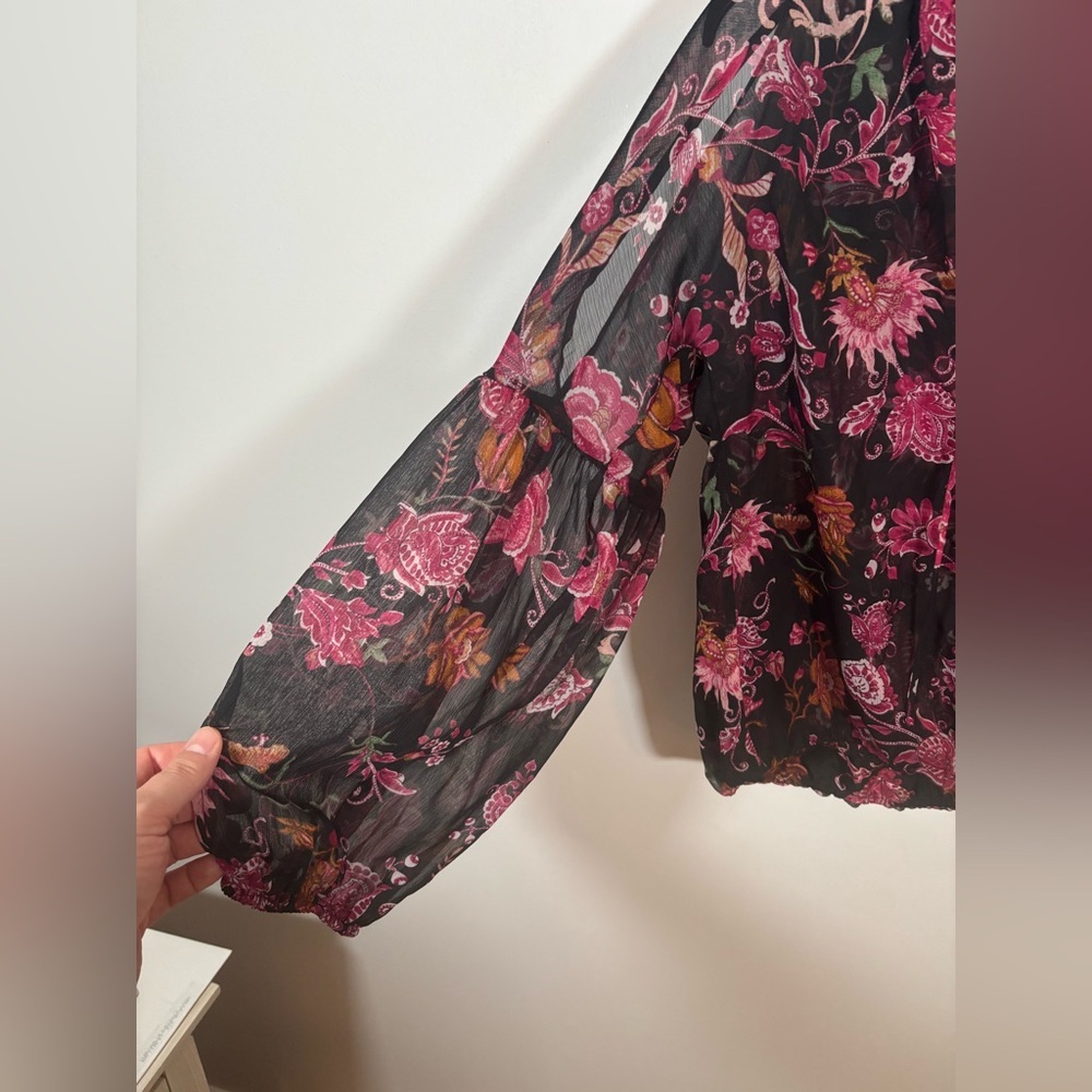INC Black Pink Floral Sheer Long Sleeve Peasant Blouse Size L - Picture 4 of 10